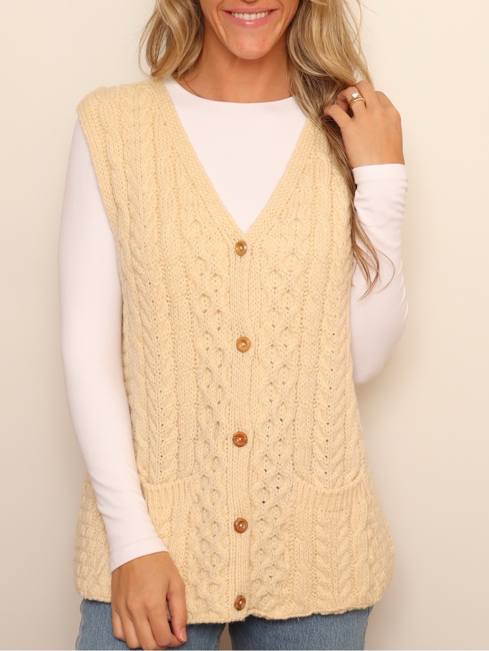 John Molloy Irish Wool Aran Cable Knit Button Sweater Vest Made in Ireland Large